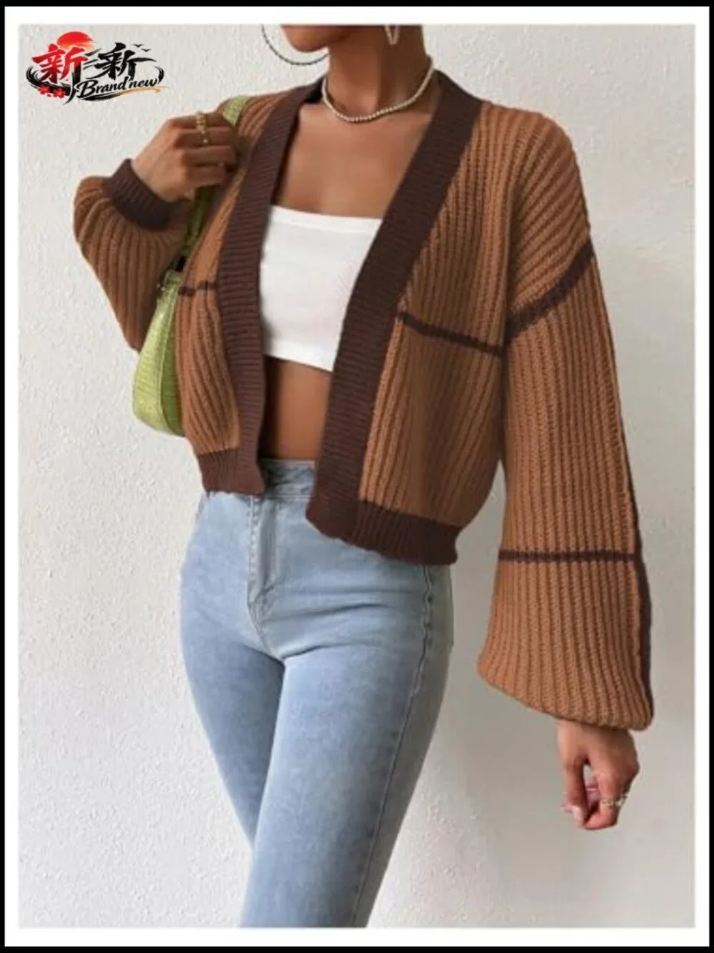 Color Block Crop Cardigan Bishop Long Sleeve Open Front Sweater - Picture 6 of 7